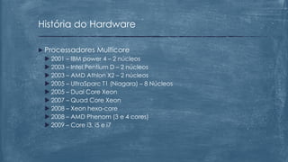  Processadores Multicore
 2001 – IBM power 4 – 2 núcleos
 2003 – Intel Pentium D – 2 núcleos
 2003 – AMD Athlon X2 – 2 núcleos
 2005 – UltraSparc T1 (Niagara) – 8 Núcleos
 2005 – Dual Core Xeon
 2007 – Quad Core Xeon
 2008 – Xeon hexa-core
 2008 – AMD Phenom (3 e 4 cores)
 2009 – Core i3, i5 e i7
História do Hardware
 