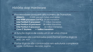  Processadores possuem alto número de Transistors
 (ENIAC): 19,500 vacuum tubes and relays
 Intel 8088 processor (1st PC): 29,000 transistors
 Intel Pentium II processor: 7 million transistors
 Intel Pentium III processor: 28 million transistors
 Intel Pentium 4 processor: 42 million transistors
 Core i7 Skylake: + 1billion transistors
 A função lógica de cada um é ser uma chave
 Transistores são combinados para formar portas lógicas
 AND, OR, NOT
 Portas lógicas são combinadas em estruturas complexas
 adder, multiplexor, decoder, register, …
História dop Hardware
 