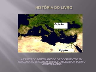 HISTÓRIA DO LIVROA PARTIR DO EGIPTO ANTIGO OS DOCUMENTOS EM PERGANINHO ESPALHAM-SE PELA GRÉCIA E POR TODO O MEDITERRÂNEO.