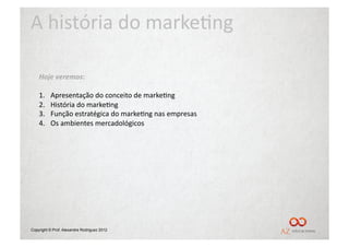 A	
  história	
  do	
  marke/ng	
  

    Hoje	
  veremos:	
  

    1.    Apresentação	
  do	
  conceito	
  de	
  marke/ng	
  
    2.    História	
  do	
  marke/ng	
  
    3.    Função	
  estratégica	
  do	
  marke/ng	
  nas	
  empresas	
  
    4.    Os	
  ambientes	
  mercadológicos	
  




Copyright © Prof. Alexandre Rodriguez 2012
 