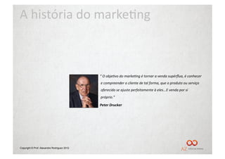A	
  história	
  do	
  marke/ng	
  



                                             “	
  O	
  obje(vo	
  do	
  marke(ng	
  é	
  tornar	
  a	
  venda	
  supérﬂua,	
  é	
  conhecer	
  
                                             e	
  compreender	
  o	
  cliente	
  de	
  tal	
  forma,	
  que	
  o	
  produto	
  ou	
  serviço	
  
                                             oferecido	
  se	
  ajuste	
  perfeitamente	
  à	
  eles...E	
  venda	
  por	
  si	
  
                                             próprio.”	
  

                                             Peter	
  Drucker	
  




Copyright © Prof. Alexandre Rodriguez 2012
 