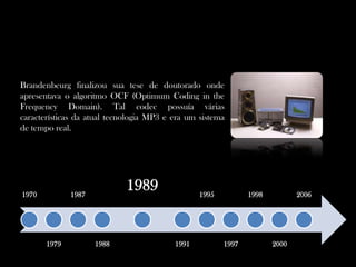 Brandenbeurg finalizou sua tese de doutorado onde apresentava o algoritmo OCF (OptimumCoding in theFrequencyDomain). Tal codec possuía várias características da atual tecnologia MP3 e era um sistema de tempo real.