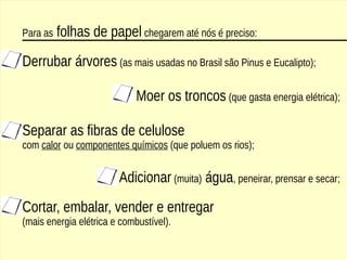 Para as folhas de papel chegarem até nós é preciso:
Derrubar árvores (as mais usadas no Brasil são Pinus e Eucalipto);
Moer os troncos (que gasta energia elétrica);
Separar as fibras de celulose
com calor ou componentes químicos (que poluem os rios);
Adicionar (muita) água, peneirar, prensar e secar;
Cortar, embalar, vender e entregar
(mais energia elétrica e combustível).
 