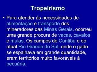Tropeirismo
• Para atender às necessidades de
  alimentação e transporte dos
  mineradores das Minas Gerais, ocorreu
  uma grande procura de vacas, cavalos
  e mulas. Os campos de Curitiba e do
  atual Rio Grande do Sul, onde o gado
  se espalhava em grande quantidade,
  eram territórios muito favoráveis à
  pecuária.
 