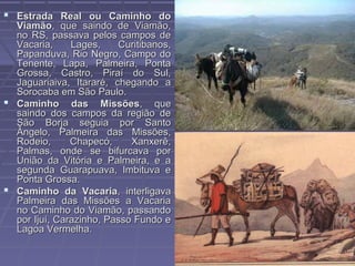  Estrada Real ou Caminho do
  Viamão, que saindo de Viamão,
  no RS, passava pelos campos de
  Vacaria,     Lages,    Curitibanos,
  Papanduva, Rio Negro, Campo do
  Tenente, Lapa, Palmeira, Ponta
  Grossa, Castro, Piraí do Sul,
  Jaguariaiva, Itararé, chegando a
  Sorocaba em São Paulo.
 Caminho das Missões, que
  saindo dos campos da região de
  São Borja seguia por Santo
  Ângelo, Palmeira das Missões,
  Rodeio,      Chapecó,     Xanxerê,
  Palmas, onde se bifurcava por
  União da Vitória e Palmeira, e a
  segunda Guarapuava, Imbituva e
  Ponta Grossa.
 Caminho da Vacaria, interligava
  Palmeira das Missões a Vacaria
  no Caminho do Viamão, passando
  por Ijuí, Carazinho, Passo Fundo e
  Lagoa Vermelha.
 