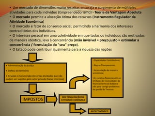 • Um mercado de dimensões muito restritas encoraja o surgimento de múltiplas
atividades para cada indivíduo (Empreendedorismo) - Teoria da Vantagem Absoluta
• O mercado permite a alocação ótima dos recursos (Instrumento Regulador da
Atividade Econômica)
• O mercado é fator de consenso social, permitindo a harmonia dos interesses
contraditórios dos indivíduos.
• O interesse pessoal em uma coletividade em que todos os indivíduos são motivados
de maneira idêntica, leva à concorrência (mão invisível = preço justo = estimular a
concorrência / formulação do "seu" preço).
• O Estado pode contribuir igualmente para a riqueza das nações
 Administração da justiça
 Defesa do território
 Criação e manutenção de certas atividades que não
podem ser supridas pelo setor privado (baixo interesse)
IMPOSTOS
SEM PENALIZAÇÃO DA
ATIVIDADE ECONÔMICA
• Capacidades Contributivas;
• Regras Transparentes;
• Arrecadação de maneira
econômica;
•A s receitas fiscais devem ser
limitadas às necessidades de
financiamento do Estado e
não para corrigir problemas
de gestão do Tesouro.
ANTIECONÔMICO
 
