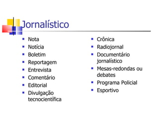 Jornalístico
   Nota                 Crônica
   Notícia              Radiojornal
   Boletim              Documentário
   Reportagem            jornalístico
   Entrevista           Mesas-redondas ou
   Comentário            debates
                         Programa Policial
   Editorial
                         Esportivo
   Divulgação
    tecnocientífica
 