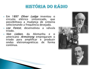 Em 1897 Oliver Lodge inventou o
circuito elétrico sintonizado, que
possibilitava a mudança de sintonia
selecionando a frequência desejada.
Lee Forest, desenvolveu a válvula
triodo.
Von Lieben, da Alemanha e o
americano Armstrong empregaram o
triodo para amplificar e produzir
ondas eletromagnéticas de forma
contínua.

 