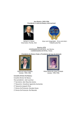Ano Rotário 1995/1996
                    Presidente e Lema do Rotary Internacional




              Herbert G. Brown             Atue com Integridade – Sirva com Amor –
           Clearwater, Florida, EUA                   Trabalhe pela Paz


                                 Distrito 4770
                       GOVERNADOR DO DISTRITO: Jair Pereira
                         COORDENADORA DISTRITAL: Flávia

           Presidente do Rotary Clube e Presidente da Casa da Amizade




     Hédio da Costa Trindade                   Nilda Helena de Jesus Trindade
       Gestão: 1995/1996                             Gestão: 1995/1996

Conselho Diretor Do Rotary:
Conselho Diretor Do Rotary:
Vice-presidente: José Lourenço
1º Secretário: Aleir Rosa Dos Santos
1º Tesoureiro: Cleudimar Agostinho Guimarães
2º Tesoureiro:joaquim Pires
1º Diretor De Protocolo: Denubes Souza
2º Diretor De Protocolo: Rui Rezende
 