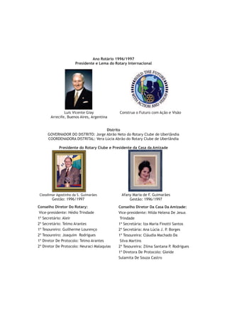 Ano Rotário 1996/1997
                      Presidente e Lema do Rotary Internacional




               Luis Vicente Giay             Construa o Futuro com Ação e Visão
       Arrecife, Buenos Aires, Argentina


                                    Distrito
      GOVERNADOR DO DISTRITO: Jorge Abrão Neto do Rotary Clube de Uberlândia
      COORDENADORA DISTRITAL: Vera Lúcia Abrão do Rotary Clube de Uberlândia

            Presidente do Rotary Clube e Presidente da Casa da Amizade




 Cleodimar Agostinho da S. Guimarães          Afany Maria de F. Guimarães
        Gestão: 1996/1997                         Gestão: 1996/1997

Conselho Diretor Do Rotary:                  Conselho Diretor Da Casa Da Amizade:
 Vice-presidente: Hédio Trindade             Vice-presidente: Nilda Helena De Jesus
1º Secretário: Aleir                          Trindade
2º Secretário: Telmo Arantes                 1ª Secretária: Iza Maria Finotti Santos
1º Tesoureiro: Guilherme Lourenço            2ª Secretária: Ana Lúcia J. P. Borges
2º Tesoureiro: Joaquim Rodrigues             1ª Tesoureira: Cláudia Machado Da
1º Diretor De Protocolo: Telmo Arantes        Silva Martins
2º Diretor De Protocolo: Neuraci Malaquias   2ª Tesoureira: Zilma Santana P. Rodrigues
                                             1ª Diretora De Protocolo: Gleide
                                             Sulamita De Souza Castro
 