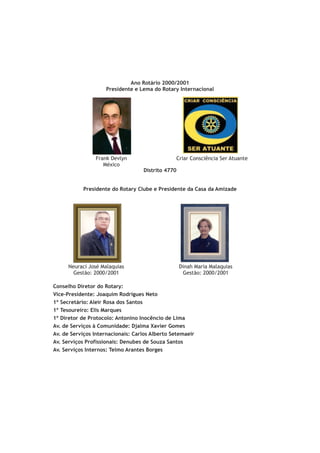 Ano Rotário 2000/2001
                     Presidente e Lema do Rotary Internacional




                Frank Devlyn                    Criar Consciência Ser Atuante
                   México
                                   Distrito 4770


           Presidente do Rotary Clube e Presidente da Casa da Amizade




      Neuraci José Malaquias                       Dinah Maria Malaquias
        Gestão: 2000/2001                           Gestão: 2000/2001

Conselho Diretor do Rotary:
Vice-Presidente: Joaquim Rodrigues Neto
1º Secretário: Aleir Rosa dos Santos
1º Tesoureiro: Elis Marques
1º Diretor de Protocolo: Antonino Inocêncio de Lima
Av. de Serviços à Comunidade: Djalma Xavier Gomes
Av. de Serviços Internacionais: Carlos Alberto Setemaeir
Av. Serviços Profissionais: Denubes de Souza Santos
Av. Serviços Internos: Telmo Arantes Borges
 