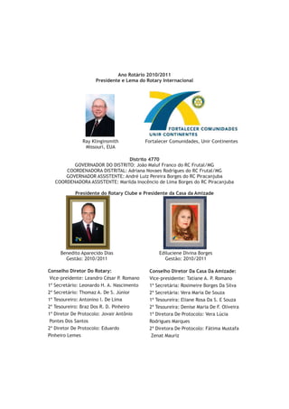Ano Rotário 2010/2011
                    Presidente e Lema do Rotary Internacional




               Ray Klinginsmith            Fortalecer Comunidades, Unir Continentes
                Missouri, EUA

                                Distrito 4770
          GOVERNADOR DO DISTRITO: João Maluf Franco do RC Frutal/MG
       COORDENADORA DISTRITAL: Adriana Novaes Rodrigues do RC Frutal/MG
       GOVERNADOR ASSISTENTE: André Luiz Pereira Borges do RC Piracanjuba
   COORDENADORA ASSISTENTE: Marilda Inocêncio de Lima Borges do RC Piracanjuba

           Presidente do Rotary Clube e Presidente da Casa da Amizade




     Benedito Aparecido Dias                     Ediluciene Divina Borges
       Gestão: 2010/2011                           Gestão: 2010/2011

Conselho Diretor Do Rotary:                 Conselho Diretor Da Casa Da Amizade:
 Vice-preidente: Leandro César P. Romano    Vice-presidente: Tatiane A. P. Romano
1º Secretário: Leonardo H. A. Nascimento    1ª Secretária: Rosimeire Borges Da Silva
2º Secretário: Thomaz A. De S. Júnior       2ª Secretária: Vera Maria De Souza
1º Tesoureiro: Antonino I. De Lima          1ª Tesoureira: Eliane Rosa Da S. E Souza
2º Tesoureiro: Braz Dos R. D. Pinheiro      2ª Tesoureira: Denise Maria De F. Oliveira
1º Diretor De Protocolo: Jovair Antônio     1ª Diretora De Protocolo: Vera Lúcia
 Pontes Dos Santos                          Rodrigues Marques
2º Diretor De Protocolo: Eduardo            2ª Diretora De Protocolo: Fátima Mustafa
Pinheiro Lemes                               Zenat Mauriz
 