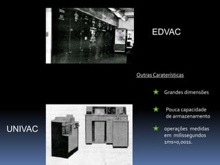 EDVACOutras CaraterísticasGrandes dimensõesPouca capacidade de armazenamentoUNIVACoperações  medidas em  milissegundos 1ms=0,001s.