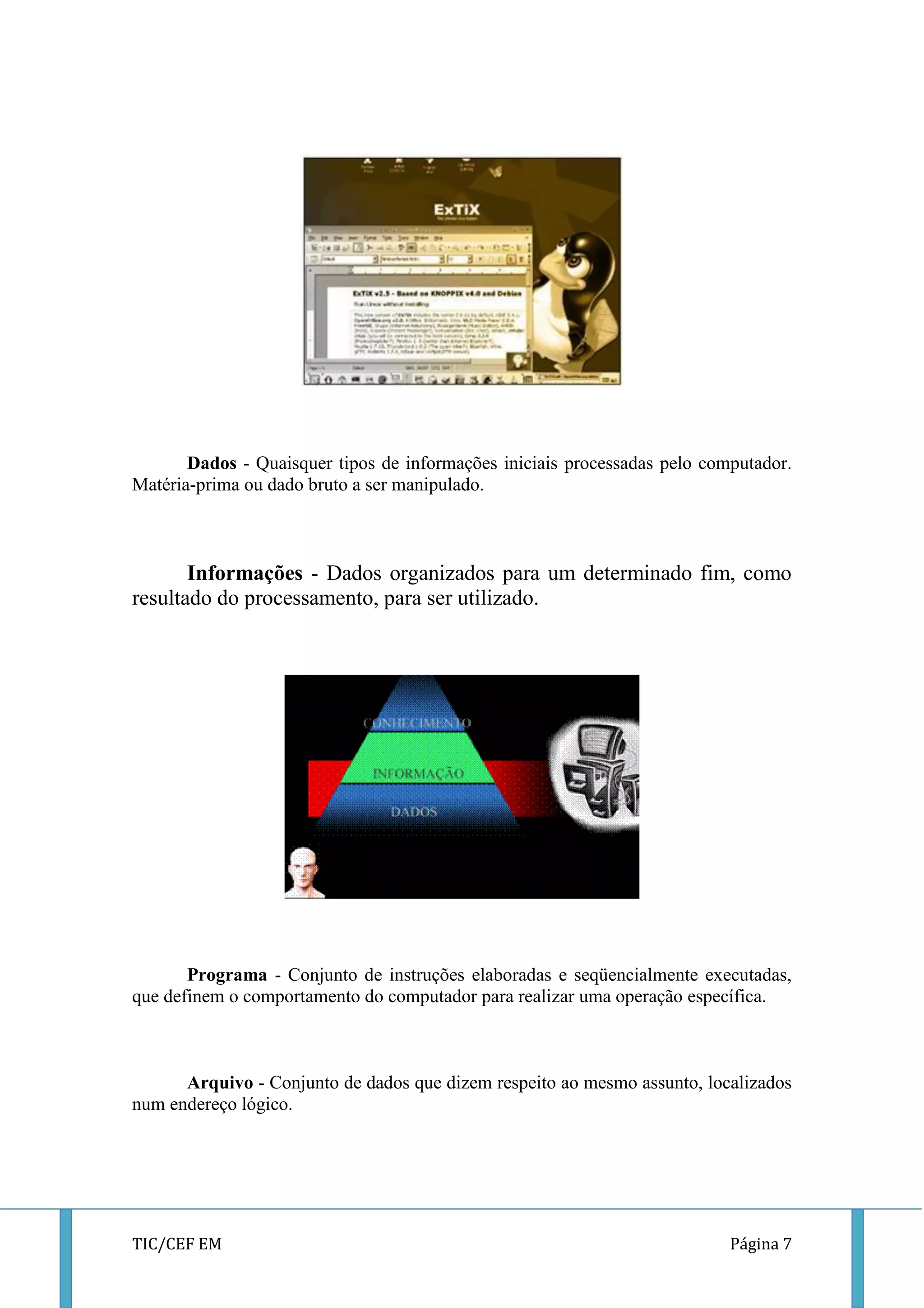 TIC/CEF EM Página 7 
Dados - Quaisquer tipos de informações iniciais processadas pelo computador. Matéria-prima ou dado bruto a ser manipulado. 
Informações - Dados organizados para um determinado fim, como resultado do processamento, para ser utilizado. 
Programa - Conjunto de instruções elaboradas e seqüencialmente executadas, que definem o comportamento do computador para realizar uma operação específica. 
Arquivo - Conjunto de dados que dizem respeito ao mesmo assunto, localizados num endereço lógico. 
 