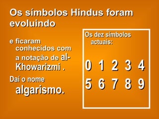 Os símbolos Hindus foram evoluindo e ficaram conhecidos com a notação de  al-Khowarizmi . Daí o nome   algarismo.   Os dez símbolos actuais: 0  1  2  3  4 5  6  7  8  9 