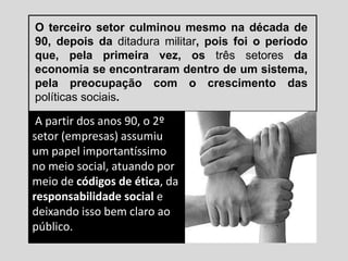 O terceiro setor culminou mesmo na década de
90, depois da ditadura militar, pois foi o período
que, pela primeira vez, os três setores da
economia se encontraram dentro de um sistema,
pela preocupação com o crescimento das
políticas sociais.
A partir dos anos 90, o 2º
setor (empresas) assumiu
um papel importantíssimo
no meio social, atuando por
meio de códigos de ética, da
responsabilidade social e
deixando isso bem claro ao
público.
 
