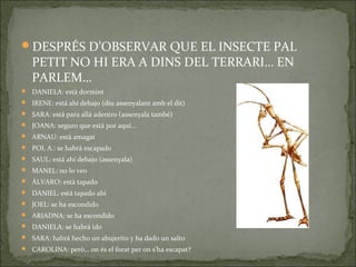 DESPRÉS D’OBSERVAR QUE EL INSECTE PAL
PETIT NO HI ERA A DINS DEL TERRARI… EN
PARLEM…
 DANIELA: està dormint
 IRENE: está ahí debajo (diu assenyalant amb el dit)
 SARA: está para allá adentro (assenyala també)
 JOANA: seguro que está por aquí…
 ARNAU: està amagat
 POL A.: se habrá escapado
 SAUL: está ahí debajo (assenyala)
 MANEL: no lo veo
 ÁLVARO: está tapado
 DANIEL: está tapado ahí
 JOEL: se ha escondido
 ARIADNA: se ha escondido
 DANIELA: se habrá ido
 SARA: habrá hecho un abujerito y ha dado un salto
 CAROLINA: però… on és el forat per on s’ha escapat?
 