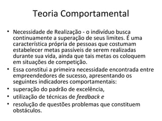 Teoria Comportamental
• Necessidade de Realização - o indivíduo busca
continuamente a superação de seus limites. É uma
característica própria de pessoas que costumam
estabelecer metas passíveis de serem realizadas
durante sua vida, ainda que tais metas os coloquem
em situações de competição.
• Essa constitui a primeira necessidade encontrada entre
empreendedores de sucesso, apresentando os
seguintes indicadores comportamentais:
• superação do padrão de excelência,
• utilização de técnicas de feedback e
• resolução de questões problemas que constituem
obstáculos.
 