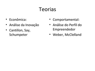 Teorias
• Econômica:
• Análise da Inovação
• Cantillon, Say,
Schumpeter
• Comportamental:
• Análise do Perfil do
Empreendedor
• Weber, McClelland
 