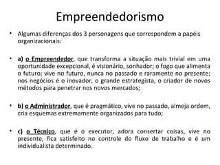Empreendedorismo
• Algumas diferenças dos 3 personagens que correspondem a papéis
organizacionais:
• a) o Empreendedor, que transforma a situação mais trivial em uma
oportunidade excepcional, é visionário, sonhador; o fogo que alimenta
o futuro; vive no futuro, nunca no passado e raramente no presente;
nos negócios é o inovador, o grande estrategista, o criador de novos
métodos para penetrar nos novos mercados;
• b) o Administrador, que é pragmático, vive no passado, almeja ordem,
cria esquemas extremamente organizados para tudo;
• c) o Técnico, que é o executor, adora consertar coisas, vive no
presente, fica satisfeito no controle do fluxo de trabalho e é um
individualista determinado.
 