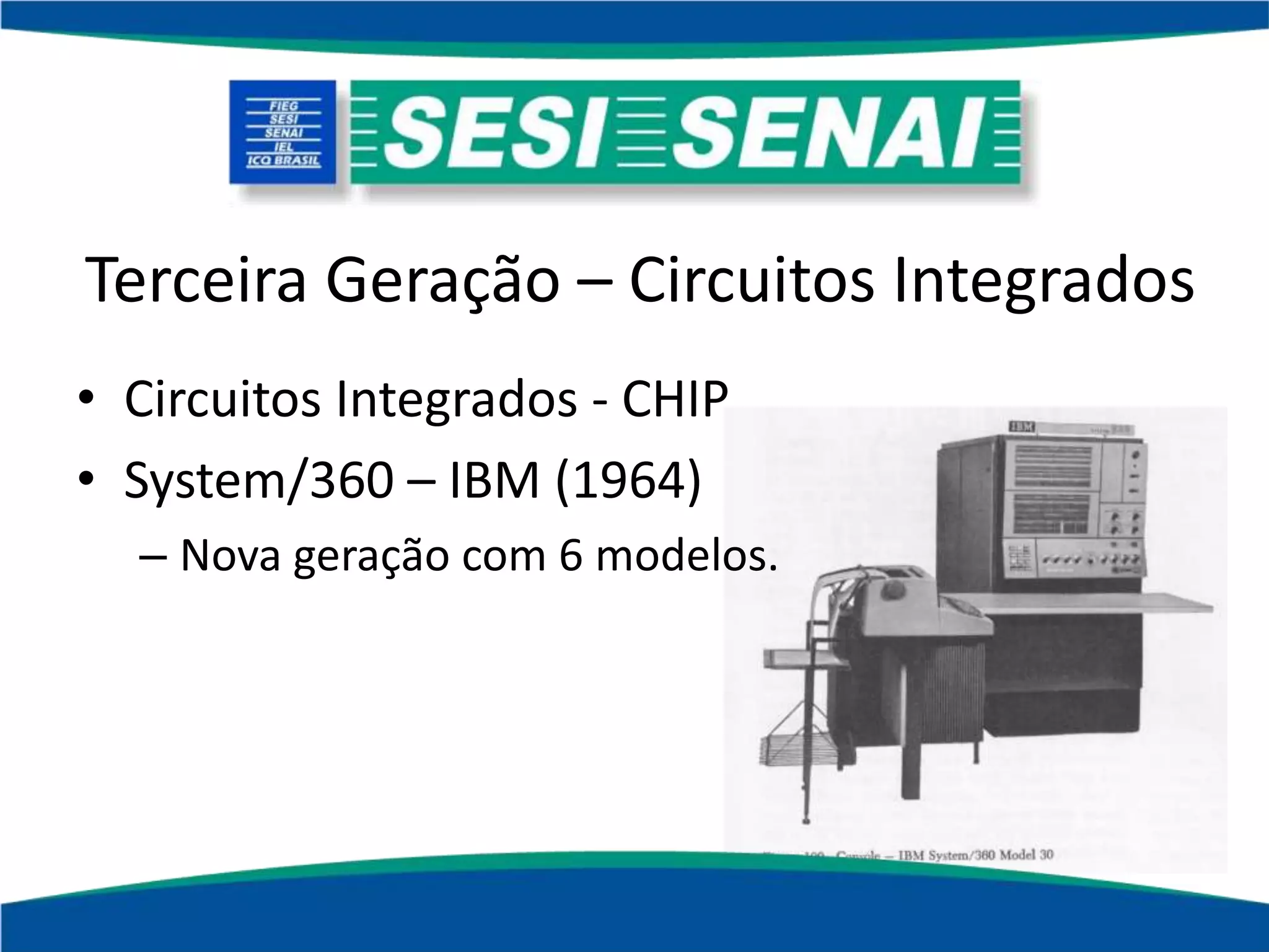 Terceira Geração – Circuitos Integrados
• Circuitos Integrados - CHIP
• System/360 – IBM (1964)
– Nova geração com 6 modelos.
 