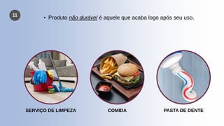 11
• Produto não durável é aquele que acaba logo após seu uso.
SERVIÇO DE LIMPEZA COMIDA PASTA DE DENTE
 