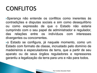 Sperança    não entende os conflitos como inerentes às
contradições e disputas sociais e sim como desequilíbrio
ou como expressão de que o Estado não estaria
cumprindo com o seu papel de administrador e regulador,
das relações entre os indivíduos com interesses
divergentes ou concorrentes.
o Estado se configura, já naquele momento, como um
Estado com formato de classe, incrustado pelo domínio de
madeireiros e especuladores de terra, que a partir de seu
aparato ou de seus órgãos reguladores e repressores
garantiu a legalização da terra para uns e não para todos.


                                Porf. Amilton Benedito Peletti
 