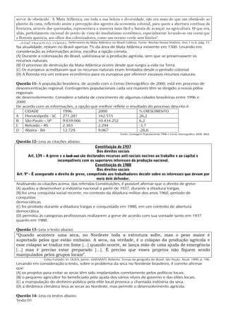 servir de obstáculo’. A Mata Atlântica, em toda a sua beleza e diversidade, não era mais do que um obstáculo ao
plantio da cana, refletindo assim a percepção dos agentes da economia colonial, para quem a abertura contínua da
fronteira, através das queimadas, representava a maneira mais fácil e barata de avançar na agricultura. O que era,
aliás, perfeitamente racional do ponto de vista do imediatismo econômico, especialmente levando-se em conta que
a floresta aparecia, aos olhos dos colonizadores, como um oceano verde sem limites”.
  José Augusto Pádua. Defensores da Mata Atlântica no Brasil Colônia. Fonte: Revista Nossa História. Ano 1 no 6, pág. 15.
Na atualidade, restam no Brasil apenas 7% da área de Mata Atlântica existente em 1500. Levando em
consideração as informações acima, escolha a opção correta.
(A) Durante a colonização do Brasil, valorizava-se a produção agrícola, sem que se preservassem os
recursos naturais.
(B) O processo de destruição da Mata Atlântica ocorre desde que surgiu a vida na Terra.
(C) Os europeus acreditavam que os recursos naturais eram limitados desde o período colonial.
(D) A floresta era um entrave econômico para os europeus por oferecer escassos recursos naturais.

Questão 11- A população brasileira, de acordo com o Censo Demográfico de 2000, está em processo de
desconcentração regional. Contingentes populacionais cada vez maiores têm se dirigido a novos pólos
regionais
de desenvolvimento. Considere a tabela de crescimento de algumas cidades brasileiras entre 1996 e
2000.
De acordo com as informações, a opção que melhor reflete o resultado do processo descrito é:
     CIDADE             1996               2000                  % CRESCIMENTO
A    Florianópolis - SC 271.281            342.515               26,2
B    São Paulo – SP     9.839.066          10.434.252            6,2
C    Relvado – RS       2.383              2.294                 -3,7
D    Abaíra - BA        12.729             9.067                 -28,8
                                                                     Fonte: Contagem Populacional 1996 e Censo Demográfico 2000, IBGE.

Questão 12- Leia as citações abaixo.
                                                 Constituição de 1937
                                                  Dos direitos sociais
        Art. 139 – A greve e o lock-out são declarados recursos anti-sociais nocivos ao trabalho e ao capital e
                         incompatíveis com os superiores interesses da produção nacional.
                                                 Constituição de 1988
                                                  Dos direitos sociais
Art. 9º - É assegurado o direito de greve, competindo aos trabalhadores decidir sobre os interesses que devam por
                                                  meio dele defender.
Analisando as citações acima, das referidas Constituições, é possível afirmar que o direito de greve:
(A) ajudou a desenvolver a indústria nacional a partir de 1937, durante a ditadura Vargas.
(B) foi uma conquista social recente, no contexto da ditadura militar dos anos 1960, período de
conquistas
democráticas.
(C) foi proibido durante a ditadura Vargas e conquistado em 1988, em um contexto de abertura
democrática.
(D) permitiu às categorias profissionais realizarem a greve de acordo com sua vontade tanto em 1937
quanto em 1988.

Questão 13- Leia o texto abaixo.
“Quando acontece uma seca, no Nordeste toda a estrutura sofre, mas o peso maior é
suportado pelos que estão embaixo. A seca, na verdade, é o colapso da produção agrícola e
esse colapso se traduz em fome [...] quando ocorre, se lança mão de uma ajuda de emergência
[...] mas é preciso estar preparado [...]. É preciso que esses projetos não fiquem sendo
manipulados pelos grupos locais”.
                 Celso Furtado. In: OLIVA, Jaime; GIANSANTI, Roberto. Temas da geografia do Brasil. São Paulo: Atual, 1999, p. 196.
Levando em consideração o texto, sobre o problema da seca no Nordeste brasileiro, é correto afirmar
que:
(A) os projetos para evitar as secas têm sido implantados corretamente pelos políticos locais.
(B) o pequeno agricultor foi beneficiado pela ajuda dos vários níveis de governo e das elites locais.
(C) a manipulação do dinheiro público pela elite local provoca a chamada indústria da seca.
(D) a dinâmica climática leva as secas ao Nordeste, mas permite o desenvolvimento agrícola.

Questão 14- Leia os textos abaixo.
Texto 01
 