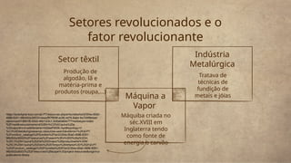 Setor têxtil
Produção de
algodão, lã e
matéria-prima e
produtos (roupa,…)
Máquiba criada no
séc.XVIII em
Inglaterra tendo
como fonte de
energia o carvão
Setores revolucionados e o
fator revolucionante
Máquina a
Vapor
Indústria
Metalúrgica
Tratava de
técnicas de
fundição de
metais e jóias
https://auladigital.leya.com/pt-PT/resources-player/bundles/be32354a-60a0-
4686-8291-98b592a36933/views/f97f909f-ac06-4d76-8a6d-fac720f9b4ad/
resources/019691f6-02b5-46b1-b3c1-3cfda0a62e77?mediatype=video
%2Fmp4&resourcename=A%20m%C3%A1quina%20a
%20vapor&hi=true&filename=h03dwPS50k.mp4&typology=V
%C3%ADdeo&originarea=pc-resources-search&referrer=%2Fpt-PT
%2Fproduct_catalogs%2Fbundles%2Fbe32354a-60a0-4686-8291-
98b592a36933%2Fresources%2Fsearch%3Fo%3D0%26q%3Dm
%25C3%25A1quina%2520a%2520vapor%26productname%3DM
%25C3%25A1quina%2520do%2520Tempo%26refarea%3D%252Fpt-PT
%252Fproduct_catalogs%252Fbundles%252Fbe32354a-60a0-4686-8291-
98b592a36933%252Fresources%26scope%3Dproject-resources&origin=ui-
publications-library
 