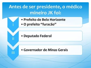 I
•Prefeito de Belo Horizonte
•O prefeito “furacão”
II
•Deputado Federal
III
•Governador de Minas Gerais
Antes de ser presidente, o médico
mineiro JK foi:
 