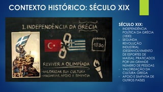 CONTEXTO HISTÓRICO: SÉCULO XIX
SÉCULO XIX:
- INDEPENDÊNCIA
POLÍTICA DA GRÉCIA
(1830)
- SEGUNDA
REVOLUÇÃO
INDUSTRIAL
(DESENVOLVIMENTO
DE ESPORTES DE
MASSA), PRATICADOS
POR UM GRANDE
NÚMERO DE PESSOAS
- VALORIZAÇÃO DA
CULTURA GREGA
- APOIO E SIMPATIA DE
OUTROS PAÍSES
 