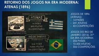 RETORNO DOS JOGOS NA ERA MODERNA:
ATENAS (1896)
JOGOS DE 1896
(ATENAS):
- 14 PAÍSES
- 241 ATLETAS
- 43 COMPETIÇÕES
JOGOS DO RIO DE
JANEIRO (2016), 31º
DA ERA MODERNA:
- 206 PAÍSES
- 10.500 ATLETAS
- 306 COMPETIÇÕES
 
