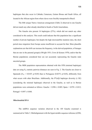 108
haplotypes that also occur in Cabinda, Cameroon, Guinea Bissau and South Africa, all
located in the African region from where slaves were forcibly transported to Brazil.
The H46 unique Native American arrangement (Table 2) observed in one Gaucho
did not match any other already identified in South or North Amerindians.
The Gaucho also present 16 haplotypes (27%), which did not match any other
considered in this analysis. This result could indicate that this population has a significant
number of private haplotypes; but despite the high microsatellite mutation rates, the short
period since migration from Europe seems insufficient to account for that. More plausible
explanations are that drift can increase the frequency, in the derived population, of lineages
that are rare in the parental group(s) (Wright 1931; Crow  Kimura 1970), and/or that the
Iberian populations considered here are not accurately representing the Gaucho male
ancestral groups.
The MDS population representation obtained with this STR (minimal haplotype)
data set using FST statistic pairwise distances are seen in Fig. 2. The Gaucho are closer to
Spaniards (FST = 0.0107; p0.05) than to Portuguese (0.0275; p0.05), differently from
what occurs with other Brazilians. Additionally, the P*(xQ) haplotype diversity (± SE)
(considering the minimal haplotype) observed in the Gaucho, as well as in Iberian
populations were estimated as follows: Gaucho = 0.996 ± 0.005; Spain = 0.970 ± 0.012;
Portugal = 0.897 ± 0.044.
Mitochondrial DNA
The mtDNA sequence variation observed in the 105 Gaucho examined is
summarized in Table 3. Multialignnment with the hypervariable sequence reference (rCRS,
 
