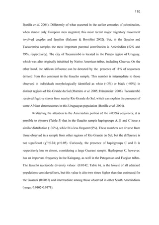 110
Bonilla et al. 2004). Differently of what occurred in the earlier centuries of colonization,
when almost only European men migrated, this most recent major migratory movement
involved couples and families (Salzano  Bortolini 2002). But, in the Gaucho and
Tacuarembó samples the most important parental contribution is Amerindian (52% and
79%, respectively). The city of Tacuarembó is located in the Pampa region of Uruguay,
which was also originally inhabited by Native American tribes, including Charrua. On the
other hand, the African influence can be detected by the presence of 11% of sequences
derived from this continent in the Gaucho sample. This number is intermediate to those
observed in individuals morphologically identified as white (~3%) or black (~80%) in
distinct regions of Rio Grande do Sul (Marrero et al. 2005; Hünemeier 2006). Tacuarembó
received fugitive slaves from nearby Rio Grande do Sul, which can explain the presence of
some African chromosomes in this Uruguayan population (Bonilla et al. 2004).
Restricting the attention to the Amerindian portion of the mtDNA sequences, it is
possible to observe (Table 5) that in the Gaucho sample haplogroups A, B and C have a
similar distribution (~30%), while B is less frequent (9%). These numbers are diverse from
those observed in a sample from other regions of Rio Grande do Sul, but the difference is
not significant (χ2
=5.24; p0.05). Curiously, the presence of haplogroups C and B is
respectively low or absent, considering a large Guarani sample. Haplogroup C, however,
has an important frequency in the Kaingang, as well in the Patogonian and Fuegian tribes.
The Gaucho nucleotide diversity values (0.0142; Table 6), is the lowest of all admixed
populations considered here, but this value is also two times higher than that estimated for
the Guarani (0.0067) and intermediate among those observed in other South Amerindians
(range: 0.0102-0.0171).
 