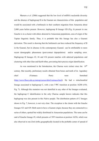 112
Marrero et al. (2006) suggested that the low level of mtDNA nucleotide diversity
and the absence of haplogroup B in the Guarani are characteristics of this population and
would be associated with a bottleneck in their southern migration from Amazonia about
2,000 years before present. However, haplogroup B lineage #20 (Fig. 6) present in one
Gaucho is in a cluster with others detected in Amazonian populations, area of origin of the
Tupian linguistic family. Thus, it is probable that this lineage has also a Guarani
derivation. This result is showing that the bottleneck can have reduced the frequency of B
in the Guarani, but its absence in the contemporary Guarani can be attributable to more
recent demographic phenomena (post-contact depopulation) and/or sampling error.
Haplogroup B lineages #2, #6 and #16 present matches with admixed populations and
clustering with other Jêan and Karib tribes, preventing their precise origin identification.
As was mentioned in the Introduction, the Charrua were extinct since the 19th
century. But recently, preliminary results obtained from bones and teeth of its legendary
chief (Vaimaca Peru) were furnished
(http://www.fhuce.edu.uy/antrop/cursos/abiol/vaimaca.html). He had a mitochondrial
lineage associated to haplogroup C, with a rare T C transition at position 16288 (#36;
Fig. 7). Although this mutation was not identified in any other of the lineages evaluated,
the haplogroup C identification in the only Charrua sample known indicates that this
haplogroup was also present in this Native people. The distribution pattern of C lineages
shown in Fig. 7, however, is not very clear. The exception is the cluster with the Gaucho
lineages #21 and #29. Both seem to have a Guarani origin, because they are connected to a
series of others, spotted but widely distributed in Amazonian populations. The same can be
said of Gaucho lineage #9, which presents a C T transition at position 16256, which was
also observed in one Zoró (tribe geographically located in the probable center of spread of
 