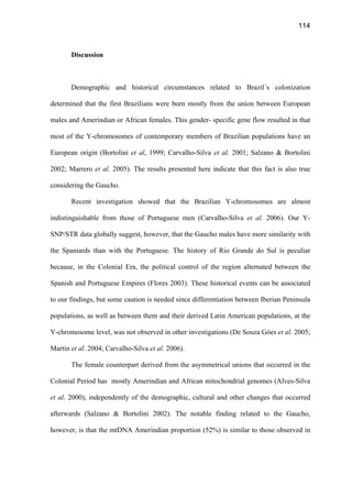 114
Discussion
Demographic and historical circumstances related to Brazil´s colonization
determined that the first Brazilians were born mostly from the union between European
males and Amerindian or African females. This gender- specific gene flow resulted in that
most of the Y-chromosomes of contemporary members of Brazilian populations have an
European origin (Bortolini et al, 1999; Carvalho-Silva et al. 2001; Salzano  Bortolini
2002; Marrero et al. 2005). The results presented here indicate that this fact is also true
considering the Gaucho.
Recent investigation showed that the Brazilian Y-chromosomes are almost
indistinguishable from those of Portuguese men (Carvalho-Silva et al. 2006). Our Y-
SNP/STR data globally suggest, however, that the Gaucho males have more similarity with
the Spaniards than with the Portuguese. The history of Rio Grande do Sul is peculiar
because, in the Colonial Era, the political control of the region alternated between the
Spanish and Portuguese Empires (Flores 2003). These historical events can be associated
to our findings, but some caution is needed since differentiation between Iberian Peninsula
populations, as well as between them and their derived Latin American populations, at the
Y-chromosome level, was not observed in other investigations (De Souza Góes et al. 2005;
Martin et al. 2004; Carvalho-Silva et al. 2006).
The female counterpart derived from the asymmetrical unions that occurred in the
Colonial Period has mostly Amerindian and African mitochondrial genomes (Alves-Silva
et al. 2000), independently of the demographic, cultural and other changes that occurred
afterwards (Salzano  Bortolini 2002). The notable finding related to the Gaucho,
however, is that the mtDNA Amerindian proportion (52%) is similar to those observed in
 