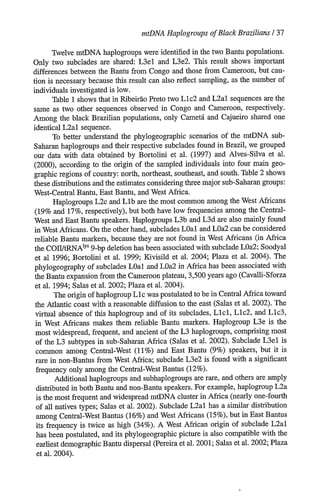 mtDNA Haplogroupsof BlackBrazilians/ 37
Twelve mtDNA haplogroups were identified in the two Bantu populations.
Only two subclades are shared: L3el and L3e2. This result shows important
differences between the Bantu from Congo and those from Cameroon, but cau-
tion is necessary because this result can also reflect sampling, as the number of
individuals investigated is low.
Table 1 shows that in Ribeirao Preto two Llc2 and L2al sequences are the
same as two other sequences observed in Congo and Cameroon, respectively.
Among the black Brazilian populations, only Cametd and Cajueiro shared one
identical L2al sequence.
To better understand the phylogeographic scenarios of the mtDNA sub-
Saharan haplogroups and their respective subclades found in Brazil, we grouped
our data with data obtained by Bortolini et al. (1997) and Alves-Silva et al.
(2000), according to the origin of the sampled individuals into four main geo-
graphic regions of country: north, northeast, southeast, and south. Table 2 shows
these distributions and the estimates considering three major sub-Saharan groups:
West-Central Bantu, East Bantu, and West Africa.
Haplogroups L2c and Llb are the most common among the West Africans
(19% and 17%, respectively), but both have low frequencies among the Central-
West and East Bantu speakers. Haplogroups L3b and L3d are also mainly found
in West Africans. On the other hand, subclades LOal and LOa2 can be considered
reliable Bantu markers, because they are not found in West Africans (in Africa
the COII/tRNAIYs 9-bp deletion has been associated with subclade LOa2; Soodyal
et al 1996; Bortolini et al. 1999; Kivisild et al. 2004; Plaza et al. 2004). The
phylogeography of subclades LOal and LOa2 in Africa has been associated with
the Bantu expansion from the Cameroon plateau, 3,500 years ago (Cavalli-Sforza
et al. 1994; Salas et al. 2002; Plaza et al. 2004).
The origin of haplogroup LI c was postulated tobe in Central Africa toward
the Atlantic coast with a reasonable diffusion to the east (Salas et al. 2002). The
virtual absence of this haplogroup and of its subclades, Llcl, Llc2, and Llc3,
in West Africans makes them reliable Bantu markers. Haplogroup L3e is the
most widespread, frequent, and ancient of the L3 haplogroups, comprising most
of the L3 subtypes in sub-Saharan Africa (Salas et al. 2002). Subclade L3el is
common among Central-West (11%) and East Bantu (9%) speakers, but it is
rare in non-Bantus from West Africa; subclade L3e2 is found with a significant
frequency only among the Central-West Bantus (12%).
Additional haplogroups and subhaplogroups are rare, and others are amply
distributed in both Bantu and non-Bantu speakers. For example, haplogroup L2a
is the most frequent and widespread mtDNA cluster in Africa (nearly one-fourth
of all natives types; Salas et al. 2002). Subclade L2al has a similar distribution
among Central-West Bantus (16%) and West Africans (15%), but in East Bantus
its frequency is twice as high (34%). A West African origin of subclade L2al
has been postulated, and its phylogeographic picture is also compatible with the
earliest demographic Bantu dispersal (Pereira et al. 2001; Salas et al. 2002; Plaza
et al. 2004).
 