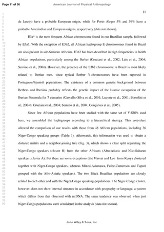 11
de Janeiro have a probable European origin, while for Porto Alegre 5% and 59% have a
probable Amerindian and European origins, respectively (data not shown).
E3a* is the most frequent African chromosome found in our Brazilian sample, followed
by E3a7. With the exception of E3b2, all African haplogroup E chromosomes found in Brazil
are also present in sub-Saharan Africans. E3b2 has been described in high frequencies in North
African populations, particularly among the Berber (Cruciani et al., 2002; Luis et al., 2004;
Semino et al., 2004). However, the presence of the E3b2 chromosome in Brazil is most likely
related to Iberian men, since typical Berber Y-chromosomes have been reported in
Portuguese/Spanish populations. The existence of a common genetic background between
Berbers and Iberians probably reflects the genetic impact of the Islamic occupation of the
Iberian Peninsula for 7 centuries (Carvalho-Silva et al., 2001; Lucotte et al., 2001; Bortolini et
al., 2004b; Cruciani et al., 2004; Semino et al., 2004; Gonçalves et al., 2005).
Since few African populations have been studied with the same set of Y-SNPs used
here, we assembled the haplogroups according to a hierarchical strategy. This procedure
allowed the comparison of our results with those from 48 African populations, including 36
Niger-Congo speaking groups (Table 3). Afterwards, this information was used to obtain a
distance matrix and a neighbor-joining tree (Fig. 3), which shows a clear split separating the
Niger-Congo speakers (cluster B) from the other Africans (Afro-Asiatic and Nilo-Saharan
speakers; cluster A). But there are some exceptions (the Massai and Luo from Kenya clustered
together with Niger-Congo speakers, whereas Mixed-Adamawa, Fulbe-Cameroon and Tupuri
grouped with the Afro-Asiatic speakers). The two Black Brazilian populations are closely
related to each other and with the Niger-Congo speaking-populations. The Niger-Congo cluster,
however, does not show internal structure in accordance with geography or language, a pattern
which differs from that observed with mtDNA. The same tendency was observed when just
Niger-Congo populations were considered in the analysis (data not shown).
Page 11 of 36
John Wiley  Sons, Inc.
American Journal of Physical Anthropology
1
2
3
4
5
6
7
8
9
10
11
12
13
14
15
16
17
18
19
20
21
22
23
24
25
26
27
28
29
30
31
32
33
34
35
36
37
38
39
40
41
42
43
44
45
46
47
48
49
50
51
52
53
54
55
56
57
58
59
60
 