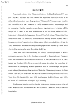 13
DISCUSSION
As expected, estimates of the African contribution to the Black Brazilian mtDNA gene
pool (79%-90%) are larger than those obtained for populations identified as White in the
different Brazilian regions, where the proportion of African mtDNA lineages ranged from 0 to
44% (Alves-Silva et al., 2000; Marrero et al., 2005). From these results a picture emerges, that
the contemporary Brazilian population presents the most important reservoir of African mtDNA
lineages out of Africa. It has been estimated that at least 90 million persons in Brazil,
independently of their physical appearance, show mtDNAs of sub-Saharan African origin (Pena
and Bortolini 2004). This particularity allowed inferences not only about the probable mtDNA
lineage composition of populations from African regions hitherto not studied (Alves-Silva et al.,
2000), but also about possible evolutionary and demographic events mediated by women, which
who should have occurred in Africa (Bortolini et al., 2004a).
On the other hand, some demographic and historical circumstances related to Brazil´s
colonization determined that the first Brazilians arose mostly by the union between Portuguese
males and Amerindian or African females (Bortolini et al., 1997; Carvalho-Silva et al., 2001;
Salzano and Bortolini, 2002). These asymmetrical matings determined that most of the Y-
chromosomes of contemporary Brazilian populations have an European origin. The present
results indicated that, although the proportion of the typical African chromosomes in the Black
samples (36%-56%) are much higher than those obtained for Brazilian populations identified as
White (0 to ~5%; Carvalho-Silva et al., 2001; Abes-Sandes et al., 2004; Marrero et al., 2005),
the amount of Y-chromosomes of European origin is striking.
Restricting the attention to Africa, the clear geographic or language structure observed
within the Niger-Congo cluster with mtDNA, but not with the Y-SNP data, deserves additional
investigation.
Page 13 of 36
John Wiley  Sons, Inc.
American Journal of Physical Anthropology
1
2
3
4
5
6
7
8
9
10
11
12
13
14
15
16
17
18
19
20
21
22
23
24
25
26
27
28
29
30
31
32
33
34
35
36
37
38
39
40
41
42
43
44
45
46
47
48
49
50
51
52
53
54
55
56
57
58
59
60
 