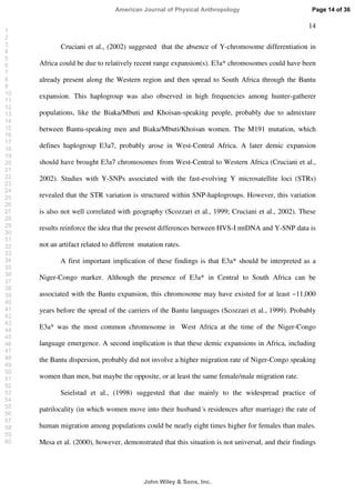 14
Cruciani et al., (2002) suggested that the absence of Y-chromosome differentiation in
Africa could be due to relatively recent range expansion(s). E3a* chromosomes could have been
already present along the Western region and then spread to South Africa through the Bantu
expansion. This haplogroup was also observed in high frequencies among hunter-gatherer
populations, like the Biaka/Mbuti and Khoisan-speaking people, probably due to admixture
between Bantu-speaking men and Biaka/Mbuti/Khoisan women. The M191 mutation, which
defines haplogroup E3a7, probably arose in West-Central Africa. A later demic expansion
should have brought E3a7 chromosomes from West-Central to Western Africa (Cruciani et al.,
2002). Studies with Y-SNPs associated with the fast-evolving Y microsatellite loci (STRs)
revealed that the STR variation is structured within SNP-haplogroups. However, this variation
is also not well correlated with geography (Scozzari et al., 1999; Cruciani et al., 2002). These
results reinforce the idea that the present differences between HVS-I mtDNA and Y-SNP data is
not an artifact related to different mutation rates.
A first important implication of these findings is that E3a* should be interpreted as a
Niger-Congo marker. Although the presence of E3a* in Central to South Africa can be
associated with the Bantu expansion, this chromosome may have existed for at least ~11,000
years before the spread of the carriers of the Bantu languages (Scozzari et al., 1999). Probably
E3a* was the most common chromosome in West Africa at the time of the Niger-Congo
language emergence. A second implication is that these demic expansions in Africa, including
the Bantu dispersion, probably did not involve a higher migration rate of Niger-Congo speaking
women than men, but maybe the opposite, or at least the same female/male migration rate.
Seielstad et al., (1998) suggested that due mainly to the widespread practice of
patrilocality (in which women move into their husband´s residences after marriage) the rate of
human migration among populations could be nearly eight times higher for females than males.
Mesa et al. (2000), however, demonstrated that this situation is not universal, and their findings
Page 14 of 36
John Wiley  Sons, Inc.
American Journal of Physical Anthropology
1
2
3
4
5
6
7
8
9
10
11
12
13
14
15
16
17
18
19
20
21
22
23
24
25
26
27
28
29
30
31
32
33
34
35
36
37
38
39
40
41
42
43
44
45
46
47
48
49
50
51
52
53
54
55
56
57
58
59
60
 