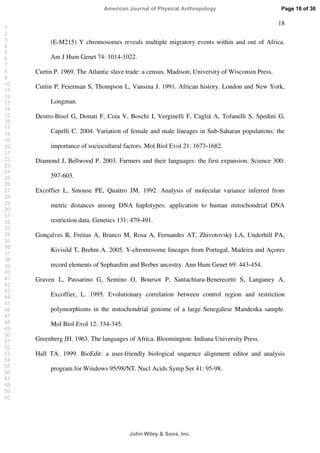 18
(E-M215) Y chromosomes reveals multiple migratory events within and out of Africa.
Am J Hum Genet 74: 1014-1022.
Curtin P. 1969. The Atlantic slave trade: a census. Madison: University of Wisconsin Press.
Curtin P, Feierman S, Thompson L, Vansina J. 1991. African history. London and New York,
Longman.
Destro-Bisol G, Donati F, Coia V, Boschi I, Verginelli F, Cagliá A, Tofanelli S, Spedini G,
Capelli C. 2004. Variation of female and male lineages in Sub-Saharan populations: the
importance of sociocultural factors. Mol Biol Evol 21: 1673-1682.
Diamond J, Bellwood P. 2003. Farmers and their languages: the first expansion. Science 300:
597-603.
Excoffier L, Smouse PE, Quattro JM. 1992. Analysis of molecular variance inferred from
metric distances among DNA haplotypes: application to human mitochondrial DNA
restriction data. Genetics 131: 479-491.
Gonçalves R, Freitas A, Branco M, Rosa A, Fernandes AT, Zhivotovsky LA, Underhill PA,
Kivisild T, Brehm A. 2005. Y-chromosome lineages from Portugal, Madeira and Açores
record elements of Sephardim and Berber ancestry. Ann Hum Genet 69: 443-454.
Graven L, Passarino G, Semino O, Boursot P, Santachiara-Benerecetti S, Langaney A,
Excoffier, L. 1995. Evolutionary correlation between control region and restriction
polymorphisms in the mitochondrial genome of a large Senegalese Mandenka sample.
Mol Biol Evol 12: 334-345.
Greenberg JH. 1963. The languages of Africa. Bloomington: Indiana University Press.
Hall TA. 1999. BioEdit: a user-friendly biological sequence alignment editor and analysis
program for Windows 95/98/NT. Nucl Acids Symp Ser 41: 95-98.
Page 18 of 36
John Wiley  Sons, Inc.
American Journal of Physical Anthropology
1
2
3
4
5
6
7
8
9
10
11
12
13
14
15
16
17
18
19
20
21
22
23
24
25
26
27
28
29
30
31
32
33
34
35
36
37
38
39
40
41
42
43
44
45
46
47
48
49
50
51
52
53
54
55
56
57
58
59
60
 