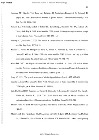 19
Hammer MF, Karafet TM, Redd AJ, Jarjanazi H, Santachiara-Benerecetti S, Soodyall H,
Zegura SL. 2001. Hierarchical patterns of global human Y-chromosome diversity. Mol
Biol Evol 18: 1189-1203.
Jackson BA, Wilson JL, Kirbah S, Sidney SS, Rosenberg J, Bassie N, Alie JA, McLean DC,
Garvey WT, Ely B. 2005. Mitochondrial DNA genetic diversity among four ethnic groups
in Sierra Leone. Am J Phys Anthropol 128: 156-163.
Jobling M, Tyler-Smith C. 2003. The human Y chromosome: an evolutionary marker comes of
age. Nat Rev Genet 4:598–612.
Kivisild T, Reidla M, Metspalu E, Rosa A, Brehm A, Pennarun E, Parik J, Geberhiwot T,
Usanga E, Villems R. 2004. Ethiopian mitochondrial DNA heritage: tracking gene flow
across and around the gate of tears. Am J Hum Genet 75: 752-770.
Klein HS. 2002. As origens africanas dos escravos brasileiros. In: Pena SDJ, editor. Homo
brasilis. Aspectos genéticos, lingüisticos, históricos e socioantropológicos da formação do
povo brasileiro. Ribeirão Preto: FUNPEC Editora. p 93-112.
Long JC. 1991. The genetic structure of admixed populations. Genetics 127: 417-428.
Lucotte G, Gerard N, Mercier G. 2001. North African genes in Iberia studied by Y-chromosome
DNA haplotype V. Hum Immunol 62: 885-888.
Luis JR, Rowold DJ, Regueiro M, Caeiro B, Cinnioglu C, Roseman C, Underhill PA, Cavalli-
Sforza LL, Herrera RJ. 2004. The Levant versus the Horn of Africa: evidence for
bidirectional corridors of human migrations. Am J Hum Genet 74: 532-544.
Maestri-Filho M. 1993. O escravo gaúcho: persistência e trabalho. Porto Alegre: Editora da
UFRGS.
Marrero AR, Das Neves Leite FP, De Almeida Carvalho B, Peres LM, Kommers TC, Da Cruz
IM, Salzano FM, Ruiz-Linares A, Silva-Junior WA, Bortolini MC. 2005. Heterogeneity
Page 19 of 36
John Wiley  Sons, Inc.
American Journal of Physical Anthropology
1
2
3
4
5
6
7
8
9
10
11
12
13
14
15
16
17
18
19
20
21
22
23
24
25
26
27
28
29
30
31
32
33
34
35
36
37
38
39
40
41
42
43
44
45
46
47
48
49
50
51
52
53
54
55
56
57
58
59
60
 