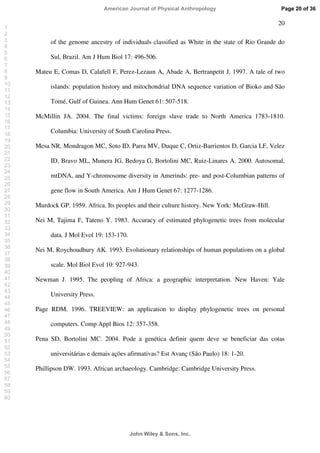 20
of the genome ancestry of individuals classified as White in the state of Rio Grande do
Sul, Brazil. Am J Hum Biol 17: 496-506.
Mateu E, Comas D, Calafell F, Perez-Lezaun A, Abade A, Bertranpetit J. 1997. A tale of two
islands: population history and mitochondrial DNA sequence variation of Bioko and São
Tomé, Gulf of Guinea. Ann Hum Genet 61: 507-518.
McMillin JA. 2004. The final victims: foreign slave trade to North America 1783-1810.
Columbia: University of South Carolina Press.
Mesa NR, Mondragon MC, Soto ID, Parra MV, Duque C, Ortiz-Barrientos D, Garcia LF, Velez
ID, Bravo ML, Munera JG, Bedoya G, Bortolini MC, Ruiz-Linares A. 2000. Autosomal,
mtDNA, and Y-chromosome diversity in Amerinds: pre- and post-Columbian patterns of
gene flow in South America. Am J Hum Genet 67: 1277-1286.
Murdock GP. 1959. Africa. Its peoples and their culture history. New York: McGraw-Hill.
Nei M, Tajima F, Tateno Y. 1983. Accuracy of estimated phylogenetic trees from molecular
data. J Mol Evol 19: 153-170.
Nei M, Roychoudhury AK. 1993. Evolutionary relationships of human populations on a global
scale. Mol Biol Evol 10: 927-943.
Newman J. 1995. The peopling of Africa: a geographic interpretation. New Haven: Yale
University Press.
Page RDM. 1996. TREEVIEW: an application to display phylogenetic trees on personal
computers. Comp Appl Bios 12: 357-358.
Pena SD, Bortolini MC. 2004. Pode a genética definir quem deve se beneficiar das cotas
universitárias e demais ações afirmativas? Est Avanç (São Paulo) 18: 1-20.
Phillipson DW. 1993. African archaeology. Cambridge: Cambridge University Press.
Page 20 of 36
John Wiley  Sons, Inc.
American Journal of Physical Anthropology
1
2
3
4
5
6
7
8
9
10
11
12
13
14
15
16
17
18
19
20
21
22
23
24
25
26
27
28
29
30
31
32
33
34
35
36
37
38
39
40
41
42
43
44
45
46
47
48
49
50
51
52
53
54
55
56
57
58
59
60
 