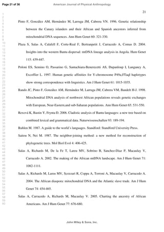 21
Pinto F, González AM, Hernández M, Larruga JM, Cabrera VN. 1996. Genetic relationship
between the Canary islanders and their African and Spanish ancestors inferred from
mitochondrial DNA sequences. Ann Hum Genet 60: 321-330.
Plaza S, Salas A, Calafell F, Corte-Real F, Bertranpetit J, Carracedo A, Comas D. 2004.
Insights into the western Bantu dispersal: mtDNA lineage analysis in Angola. Hum Genet
115: 439-447.
Poloni ES, Semino O, Passarino G, Santachiara-Benerecetti AS, Dupanloup I, Langaney A,
Excoffier L. 1997. Human genetic affinities for Y-chromosome P49a,f/TaqI haplotypes
show strong correspondence with linguistics. Am J Hum Genet 61: 1015-1035.
Rando JC, Pinto F, González AM, Hernández M, Larruga JM, Cabrera VM, Bandelt H-J. 1998.
Mitochondrial DNA analysis of northwest African populations reveals genetic exchanges
with European, Near-Eastern,and sub-Saharan populations. Ann Hum Genet 65: 531-550.
Rexová K, Bastin Y, Frynta D. 2006. Cladistic analysis of Bantu languages: a new tree based on
combined lexical and grammatical data. Naturwissenschaften 93: 189-194.
Ruhlen M. 1987. A guide to the world´s languages. Standford: Standford University Press.
Saitou N, Nei M. 1987. The neighbor-joining method: a new method for reconstruction of
phylogenetic trees. Mol Biol Evol 4: 406-425.
Salas A, Richards M, De la Fe T, Lareu MV, Sobrino B, Sanchez-Diaz P, Macaulay V,
Carracedo A. 2002. The making of the African mtDNA landscape. Am J Hum Genet 71:
1082-1111.
Salas A, Richards M, Lareu MV, Scozzari R, Coppa A, Torroni A, Macaulay V, Carracedo A.
2004. The African diaspora: mitochondrial DNA and the Atlantic slave trade. Am J Hum
Genet 74: 454-465.
Salas A, Carracedo A, Richards M, Macaulay V. 2005. Charting the ancestry of African
Americans. Am J Hum Genet 77: 676-680.
Page 21 of 36
John Wiley  Sons, Inc.
American Journal of Physical Anthropology
1
2
3
4
5
6
7
8
9
10
11
12
13
14
15
16
17
18
19
20
21
22
23
24
25
26
27
28
29
30
31
32
33
34
35
36
37
38
39
40
41
42
43
44
45
46
47
48
49
50
51
52
53
54
55
56
57
58
59
60
 