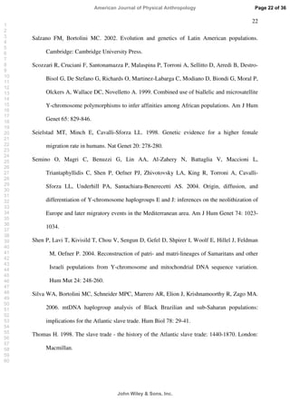 22
Salzano FM, Bortolini MC. 2002. Evolution and genetics of Latin American populations.
Cambridge: Cambridge University Press.
Scozzari R, Cruciani F, Santonamazza P, Malaspina P, Torroni A, Sellitto D, Arredi B, Destro-
Bisol G, De Stefano G, Richards O, Martinez-Labarga C, Modiano D, Biondi G, Moral P,
Olckers A, Wallace DC, Novelletto A. 1999. Combined use of biallelic and microsatellite
Y-chromosome polymorphisms to infer affinities among African populations. Am J Hum
Genet 65: 829-846.
Seielstad MT, Minch E, Cavalli-Sforza LL. 1998. Genetic evidence for a higher female
migration rate in humans. Nat Genet 20: 278-280.
Semino O, Magri C, Benuzzi G, Lin AA, Al-Zahery N, Battaglia V, Maccioni L,
Triantaphyllidis C, Shen P, Oefner PJ, Zhivotovsky LA, King R, Torroni A, Cavalli-
Sforza LL, Underhill PA, Santachiara-Benerecetti AS. 2004. Origin, diffusion, and
differentiation of Y-chromosome haplogroups E and J: inferences on the neolithization of
Europe and later migratory events in the Mediterranean area. Am J Hum Genet 74: 1023-
1034.
Shen P, Lavi T, Kivisild T, Chou V, Sengun D, Gefel D, Shpirer I, Woolf E, Hillel J, Feldman
M, Oefner P. 2004. Reconstruction of patri- and matri-lineages of Samaritans and other
Israeli populations from Y-chromosome and mitochondrial DNA sequence variation.
Hum Mut 24: 248-260.
Silva WA, Bortolini MC, Schneider MPC, Marrero AR, Elion J, Krishnamoorthy R, Zago MA.
2006. mtDNA haplogroup analysis of Black Brazilian and sub-Saharan populations:
implications for the Atlantic slave trade. Hum Biol 78: 29-41.
Thomas H. 1998. The slave trade - the history of the Atlantic slave trade: 1440-1870. London:
Macmillan.
Page 22 of 36
John Wiley  Sons, Inc.
American Journal of Physical Anthropology
1
2
3
4
5
6
7
8
9
10
11
12
13
14
15
16
17
18
19
20
21
22
23
24
25
26
27
28
29
30
31
32
33
34
35
36
37
38
39
40
41
42
43
44
45
46
47
48
49
50
51
52
53
54
55
56
57
58
59
60
 