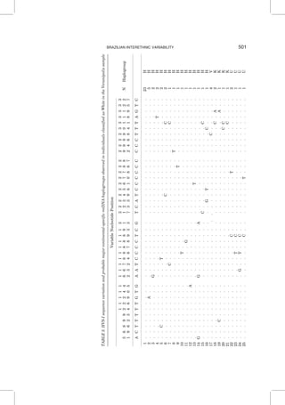 TABLE2.HVS-Isequencevariationandprobablemajorcontinental-specificmtDNAhaplogroupsobservedinindividualsclassifiedasWhiteintheVerano´polissample
VariableNucleotidePosition
11111111111111222222222222222333333
5689922244667888889112345677889999011122NHaplogroup
1962346905232467893373396108672468418957
ACTTTTTGTGAATCCCCTCGTCATCCCCCCCCCTTTAGTC
1........................................23H
2.......A................................5H
3..........G.............................2H
4....................................T...2H
5..C..........T..........................2H
6.......................C...........C....2H
7............C......................C....1H
8..............................T.........1H
9............................T...........1H
10..............T.........................1H
11................G.......................1H
12.........A..............................1H
13.........................T..............1H
14G.........G........A....................1H
15....................C..............C....1H
16......................G.T.........C.....1H
17.................................C......4V
18...................................C.A..2K
19...C.................................A..1K
20..................................CC....1K
21...................................C....1K
22.................C.........T............2U
23..............T..C......................1U
24...........G..T..C......................1U
25.................C........T.............1U
BRAZILIAN INTERETHNIC VARIABILITY 501
 