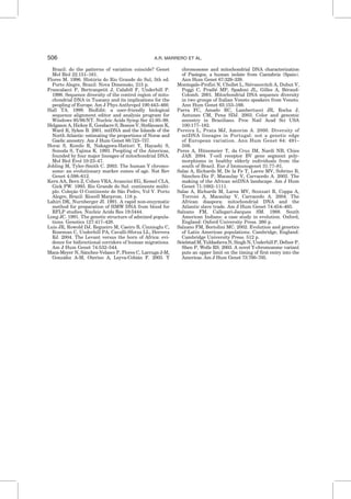 Brazil: do the patterns of variation coincide? Genet
Mol Biol 22:151–161.
Flores M. 1996. Histo´ria do Rio Grande do Sul, 5th ed.
Porto Alegre, Brazil: Nova Dimensa˜o, 215 p.
Francalacci P, Bertranpetit J, Calafell F, Underhill P.
1996. Sequence diversity of the control region of mito-
chondrial DNA in Tuscany and its implications for the
peopling of Europe. Am J Phys Anthropol 100:443–460.
Hall TA. 1999. BioEdit: a user-friendly biological
sequence alignment editor and analysis program for
Windows 95/98/NT. Nucleic Acids Symp Ser 41:95–98.
Helgason A, Hickey E, Goodacre S, Bosnes V, Stefa´nsson K,
Ward R, Sykes B. 2001. mtDNA and the Islands of the
North Atlantic: estimating the proportions of Norse and
Gaelic ancestry. Am J Hum Genet 68:723–737.
Horai S, Kondo R, Nakagawa-Hattori Y, Hayashi S,
Sonoda S, Tajima K. 1993. Peopling of the Americas,
founded by four major lineages of mitochondrial DNA.
Mol Biol Evol 10:23–47.
Jobling M, Tyler-Smith C. 2003. The human Y chromo-
some: an evolutionary marker comes of age. Nat Rev
Genet 4:598–612.
Kern AA, Bern Z, Cohen VRA, Avancini EG, Kemel CLA,
Gick PW. 1993. Rio Grande do Sul: continente mu´lti-
plo. Colec¸a˜o O Continente de Sa˜o Pedro, Vol V. Porto
Alegre, Brazil: Riocell Marprom. 118 p.
Lahiri DK, Nurnberger JI. 1991. A rapid non-enzymatic
method for preparation of HMW DNA from blood for
RFLP studies. Nucleic Acids Res 19:5444.
Long JC. 1991. The genetic structure of admixed popula-
tions. Genetics 127:417–428.
Luis JR, Rowold DJ, Regueiro M, Caeiro B, Cinnioglu C,
Roseman C, Underhill PA, Cavalli-Sforza LL, Herrera
RJ. 2004. The Levant versus the horn of Africa: evi-
dence for bidirectional corridors of human migrations.
Am J Hum Genet 74:532–544.
Maca-Meyer N, Sa´nchez-Velasco P, Flores C, Larruga J-M,
Gonza´lez A-M, Oterino A, Leyva-Cobia´n F. 2003. Y
chromosome and mitochondrial DNA characterization
of Pasiegos, a human isolate from Cantabria (Spain).
Ann Hum Genet 67:329–339.
Montegale-Profizi N, Chollet L, Ste´vanovitch A, Dubut V,
Poggi C, Pradie´ MP, Spadoni JL, Gilles A, Be´raud-
Colomb. 2001. Mitochondrial DNA sequence diversity
in two groups of Italian Veneto speakers from Veneto.
Ann Hum Genet 65:153–166.
Parra FC, Amado RC, Lambertucci JR, Rocha J,
Antunes CM, Pena SDJ. 2003. Color and genomic
ancestry in Brazilians. Proc Natl Acad Sci USA
100:177–182.
Pereira L, Prata MJ, Amorim A. 2000. Diversity of
mtDNA lineages in Portugal: not a genetic edge
of European variation. Ann Hum Genet 64: 491–
506.
Peres A, Hu¨nemeier T, da Cruz IM, Nardi NB, Chies
JAB. 2004. T-cell receptor BV gene segment poly-
morphisms in healthy elderly individuals from the
south of Brazil. Eur J Immunogenet 31:77–81.
Salas A, Richards M, De la Fe T, Lareu MV, Sobrino B,
Sa´nchez-Diz P, Macaulay V, Carracedo A. 2002. The
making of the African mtDNA landscape. Am J Hum
Genet 71:1082–1111.
Salas A, Richards M, Larea MV, Scozzari R, Coppa A,
Torroni A, Macaulay V, Carracedo A. 2004. The
African diaspora: mitochondrial DNA and the
Atlantic slave trade. Am J Hum Genet 74:454–465.
Salzano FM, Callegari-Jacques SM. 1988. South
American Indians: a case study in evolution. Oxford,
England: Oxford University Press. 260 p.
Salzano FM, Bortolini MC. 2002. Evolution and genetics
of Latin American populations. Cambridge, England:
Cambridge University Press. 512 p.
Seielstad M, Yuldasheva N, Singh N, Underhill P, Defner P,
Shen P, Wells RS. 2003. A novel Y-chromosome variant
puts an upper limit on the timing of first entry into the
Americas. Am J Hum Genet 73:700–705.
506 A.R. MARRERO ET AL.
 