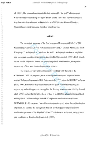 ForPeerReview
7
al. (2003). The nomenclature adopted is that proposed by the last Y-chromosome
Consortium release (Jobling and Tyler-Smith, 2003). These data were then analyzed
together with those obtained by Bortolini et al. (2003) for the Guarani Ñandeva,
Guarani Kaiowá and Kaingang from Rio Grande do Sul.
mtDNA
The nucleotide sequence of the first hypervariable segment (HVS-I) of 200
Guarani (120 Guarani Kaiowá, 56 Guarani Ñandeva and 24 Guarani M`byá) and of 78
Kaingang (57 Kaingang-Rio Grande do Sul and 21 Kaingang-Paraná) was amplified
and sequenced according to conditions described in Marrero et al. (2005). Both strands
of DNA were sequenced. When low quality sequences were obtained, multiple re-
sequencing efforts were done using the same primers.
The sequences were checked manually, validated with the help of the
CHROMAS LITE 2.0 program (www.technelsyum.com.au) and aligned with the
revised Reference Sequence (rCRS, Andrews et al., 1999) using the BIOEDIT software
(Hall, 1999). Since artifacts (“phantom mutations”) can be introduced during the
sequencing and editing process, we applied the filtering procedure described by Bandelt
et al. (2002) and used criteria like those of Yao et al. (2004) to check for the quality of
the sequences. After filtering a network of sequences was constructed with the
NETWORK 4.1.1.2. program (www.fluxus-engineering.com) using the median-joining
algorithm. To validate the haplogroup B result, another specific amplification to
confirm the presence of the 9-bp COII/tRNALys
deletion was performed, using primers
and conditions as described in Green et al. (2000).
Page 7 of 35
John Wiley  Sons, Inc.
American Journal of Physical Anthropology
1
2
3
4
5
6
7
8
9
10
11
12
13
14
15
16
17
18
19
20
21
22
23
24
25
26
27
28
29
30
31
32
33
34
35
36
37
38
39
40
41
42
43
44
45
46
47
48
49
50
51
52
53
54
55
56
57
58
59
60
 