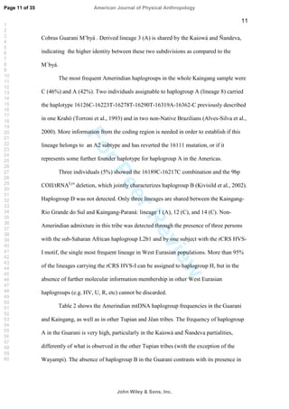 ForPeerReview
11
Cobras Guarani M’byá . Derived lineage 3 (A) is shared by the Kaiowá and Ñandeva,
indicating the higher identity between these two subdivisions as compared to the
M`byá.
The most frequent Amerindian haplogroups in the whole Kaingang sample were
C (46%) and A (42%). Two individuals assignable to haplogroup A (lineage 8) carried
the haplotype 16126C-16223T-16278T-16290T-16319A-16362-C previously described
in one Krahó (Torroni et al., 1993) and in two non-Native Brazilians (Alves-Silva et al.,
2000). More information from the coding region is needed in order to establish if this
lineage belongs to an A2 subtype and has reverted the 16111 mutation, or if it
represents some further founder haplotype for haplogroup A in the Americas.
Three individuals (5%) showed the 16189C-16217C combination and the 9bp
COII/tRNALys
deletion, which jointly characterizes haplogroup B (Kivisild et al., 2002).
Haplogroup D was not detected. Only three lineages are shared between the Kaingang-
Rio Grande do Sul and Kaingang-Paraná: lineage 1 (A), 12 (C), and 14 (C). Non-
Amerindian admixture in this tribe was detected through the presence of three persons
with the sub-Saharan African haplogroup L2b1 and by one subject with the rCRS HVS-
I motif, the single most frequent lineage in West Eurasian populations. More than 95%
of the lineages carrying the rCRS HVS-I can be assigned to haplogroup H, but in the
absence of further molecular information membership in other West Eurasian
haplogroups (e.g. HV, U, R, etc) cannot be discarded.
Table 2 shows the Amerindian mtDNA haplogroup frequencies in the Guarani
and Kaingang, as well as in other Tupian and Jêan tribes. The frequency of haplogroup
A in the Guarani is very high, particularly in the Kaiowá and Ñandeva partialities,
differently of what is observed in the other Tupian tribes (with the exception of the
Wayampi). The absence of haplogroup B in the Guarani contrasts with its presence in
Page 11 of 35
John Wiley  Sons, Inc.
American Journal of Physical Anthropology
1
2
3
4
5
6
7
8
9
10
11
12
13
14
15
16
17
18
19
20
21
22
23
24
25
26
27
28
29
30
31
32
33
34
35
36
37
38
39
40
41
42
43
44
45
46
47
48
49
50
51
52
53
54
55
56
57
58
59
60
 