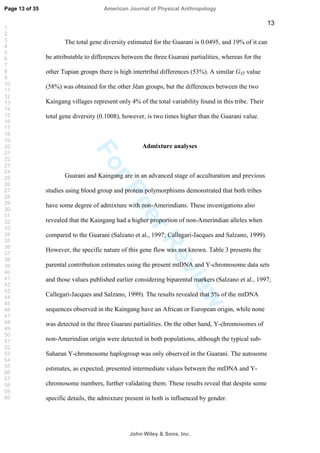 ForPeerReview
13
The total gene diversity estimated for the Guarani is 0.0495, and 19% of it can
be attributable to differences between the three Guarani partialities, whereas for the
other Tupian groups there is high intertribal differences (53%). A similar GST value
(58%) was obtained for the other Jêan groups, but the differences between the two
Kaingang villages represent only 4% of the total variability found in this tribe. Their
total gene diversity (0.1008), however, is two times higher than the Guarani value.
Admixture analyses
Guarani and Kaingang are in an advanced stage of acculturation and previous
studies using blood group and protein polymorphisms demonstrated that both tribes
have some degree of admixture with non-Amerindians. These investigations also
revealed that the Kaingang had a higher proportion of non-Amerindian alleles when
compared to the Guarani (Salzano et al., 1997; Callegari-Jacques and Salzano, 1999).
However, the specific nature of this gene flow was not known. Table 3 presents the
parental contribution estimates using the present mtDNA and Y-chromosome data sets
and those values published earlier considering biparental markers (Salzano et al., 1997;
Callegari-Jacques and Salzano, 1999). The results revealed that 5% of the mtDNA
sequences observed in the Kaingang have an African or European origin, while none
was detected in the three Guarani partialities. On the other hand, Y-chromosomes of
non-Amerindian origin were detected in both populations, although the typical sub-
Saharan Y-chromosome haplogroup was only observed in the Guarani. The autosome
estimates, as expected, presented intermediate values between the mtDNA and Y-
chromosome numbers, further validating them. These results reveal that despite some
specific details, the admixture present in both is influenced by gender.
Page 13 of 35
John Wiley  Sons, Inc.
American Journal of Physical Anthropology
1
2
3
4
5
6
7
8
9
10
11
12
13
14
15
16
17
18
19
20
21
22
23
24
25
26
27
28
29
30
31
32
33
34
35
36
37
38
39
40
41
42
43
44
45
46
47
48
49
50
51
52
53
54
55
56
57
58
59
60
 